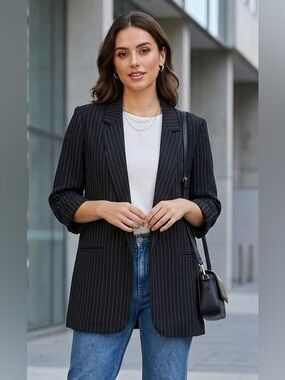 The Archives Beulah Black Pinstripe Open Front Blazer 3/4 Roll Tab Sleeve Small